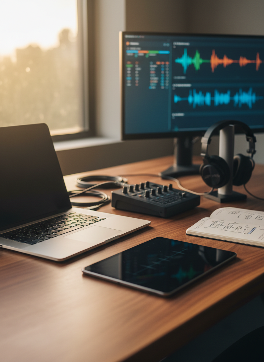 A sleek, modern workstation featuring a thin, brushed-aluminum laptop partially open beside a matte-black tablet and a compact audio mixer, all arranged on a warm walnut desktop. Coiled XLR cables, a pair of over-ear studio headphones, and a small, open notebook with technical diagrams add subtle complexity. In the background, dual wall-mounted displays show abstract system dashboards and waveform graphics, softly blurred. Late-afternoon natural light from an unseen window washes across the surfaces, creating gentle reflections on metal and glass. Photographic realism with a clean, professional aesthetic, shot at eye level with a shallow depth of field, conveying decades of calm, focused experience in technology and digital production without any human presence.
