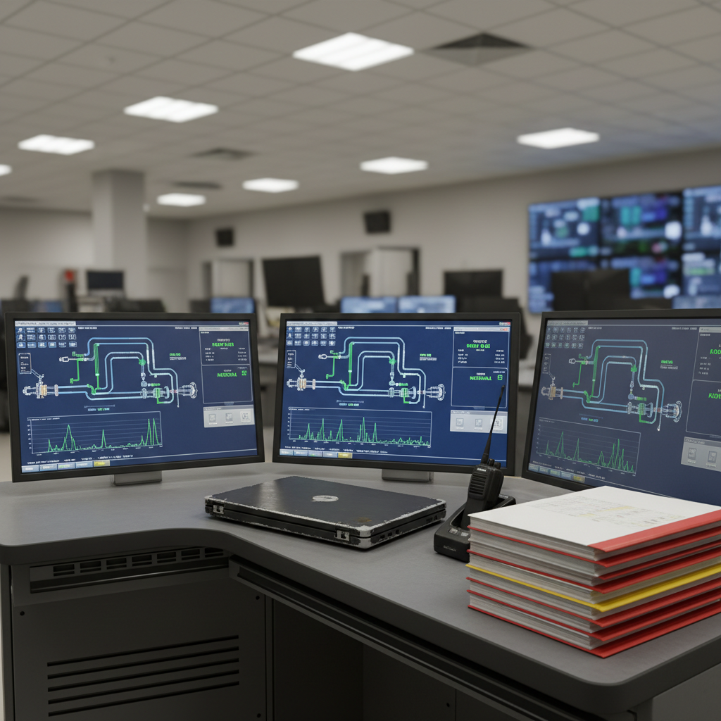 An industrial oil and gas control room corner emphasizing technology: a curved console of ruggedized touch-screen panels showing highly detailed pipeline schematics, pressure graphs, and safety indicators in blues and greens. A sturdy, dark-surface desk holds a closed field laptop with scuffed metal edges, a stack of laminated procedures, and a rugged handheld radio docked for charging. Cable management channels tuck cables neatly beneath. Overhead, neutral LED panel lighting creates even, shadow-free illumination, subtly reflecting off glass screens. The background suggests additional control stations and wall-mounted monitors, deliberately out of focus. Photographic realism, shot from a three-quarter angle with sharp focus on the nearest screens, conveying reliability, safety, and long-term industrial technology experience in a clean, professional mood.