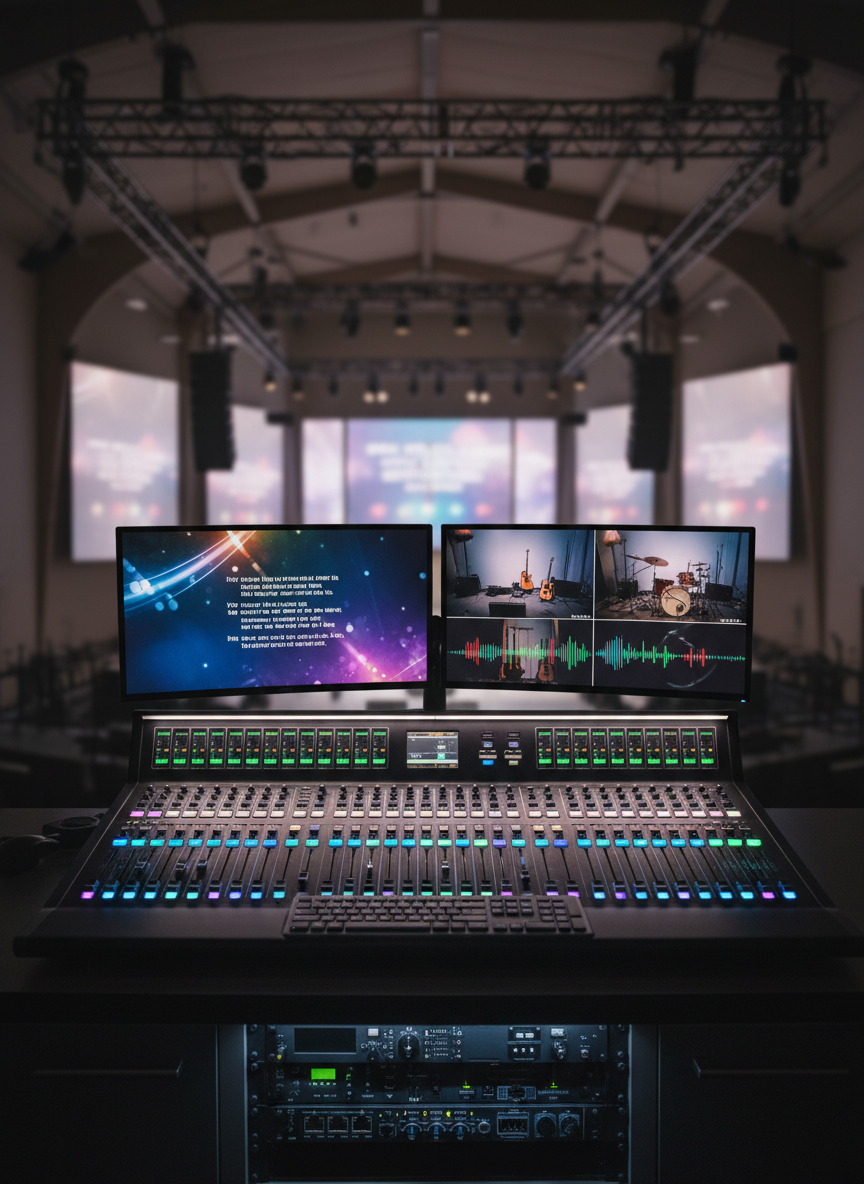 A modern church tech booth captured from behind the console, showing a large, dark mixing desk with glowing colored faders, labeled scene buttons, and small LED meters dancing in precise rows. Two ultra-wide monitors display worship lyrics and live camera feeds, while a discreet rack of audio and networking gear hums quietly below with subtle indicator lights. The sanctuary beyond is softly blurred, featuring abstract shapes of lighting trusses and LED wall panels. The space is lit by a mix of dim, ambient stage light and focused, cool-white task lighting on the console surface. Photographic realism, shot at eye level with a medium depth of field, creating a calm, organized, professional atmosphere that highlights church technology operations without any visible people.