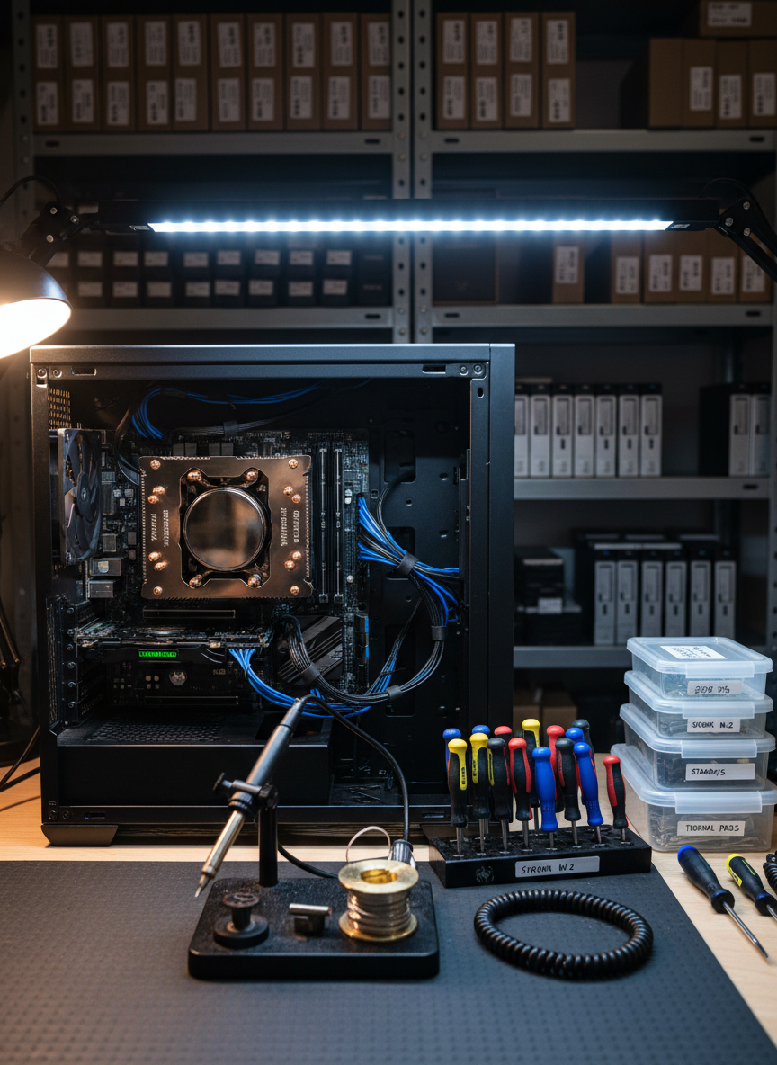A meticulously organized technology workbench with a disassembled desktop PC laid open, revealing polished heat pipes, neatly routed black and blue cables, and a glowing motherboard diagnostic display. Nearby, precision screwdrivers, an anti-static wrist strap, labeled bins of components, and a worn but well-maintained soldering station rest on a dark, textured work surface. The background shows shelves lined with neatly arranged hardware boxes and archival storage drives, softly out of focus. Cool, overhead LED lighting mixes with a subtle side glow from a task lamp, creating crisp highlights and defined shadows. Photographic realism, shot from a slightly elevated angle with sharp focus throughout, evoking a professional, methodical atmosphere of long-term hands-on technical expertise.
