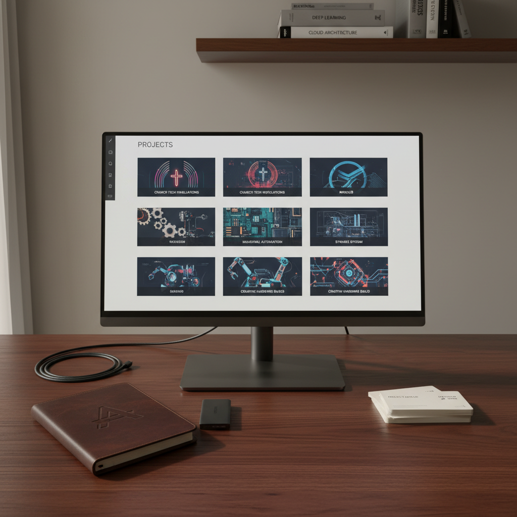 A polished personal portfolio scene on a dark wood desk, centered on a high-resolution display showing a clean, minimalist dashboard of completed technology projects: abstract thumbnails of church tech setups, industrial systems, and creative hardware builds. Beside the monitor lies a closed, embossed leather notebook with a subtle logo, a slim external SSD with a braided cable, and a neatly stacked set of labeled project cards. A neutral-toned wall and a single shelf with a few carefully placed tech reference books form a soft, unobtrusive background. Gentle morning light from the side window combines with understated monitor glow, creating a calm, professional mood. Photographic realism, shot straight-on with shallow depth of field, emphasizing organization, breadth of experience, and quiet confidence.