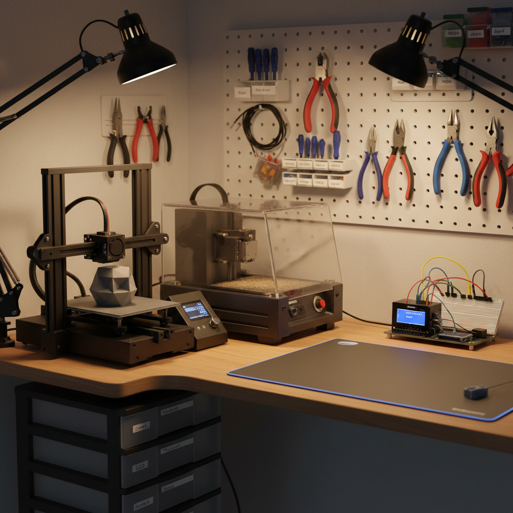 A compact creative workshop corner showcasing hands-on tech hobbies: a 3D printer with a partially completed geometric object in matte gray filament, a small CNC router in the background, and an open single-board computer project on an anti-static mat with neatly arranged jumper wires and sensors. Pegboard on the wall holds labeled tools and coiled cables, while small drawers contain components. Warm, directional LED task lighting highlights the textures of printed layers, circuit boards, and brushed metal, casting soft, controlled shadows. Photographic realism with a slightly elevated perspective and moderate depth of field, creating a focused, inventive, and approachable atmosphere that celebrates practical, creative technology tinkering without including any human figures.